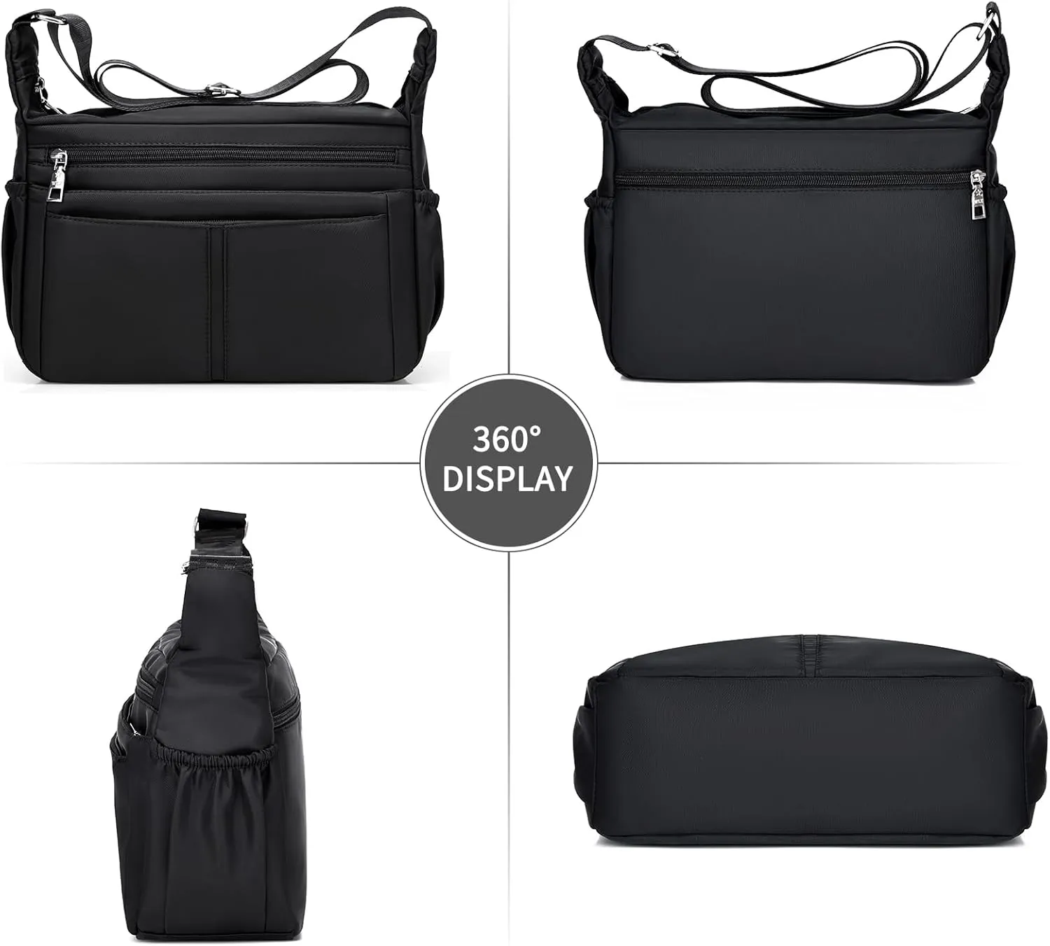 Women Shoulder Bag Multi-Pockets Handbag Water-Resistant Nylon Crossbody Bags Large Purses Lightweight Messenger Bag Black