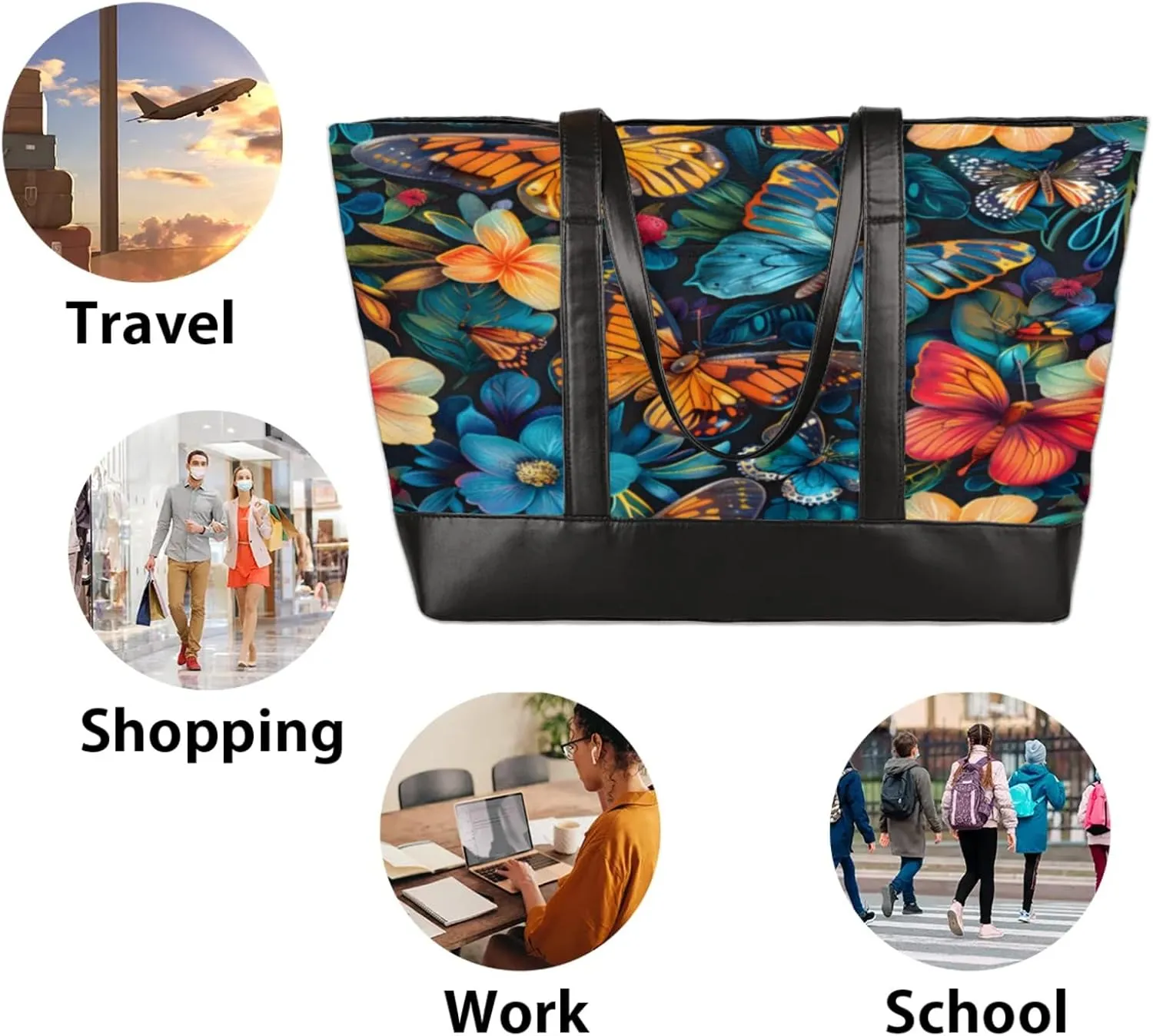 Women Tote Bag with Zipper, Shopper Handbag Travel Purse, PU Leather Laptop Tote Bags, Weekender Tote Bags