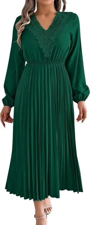 Women V Neck Long Sleeve Full Pleated Maxi Dress Lace High Waist Belted A Line Cocktail Party Long Dresses