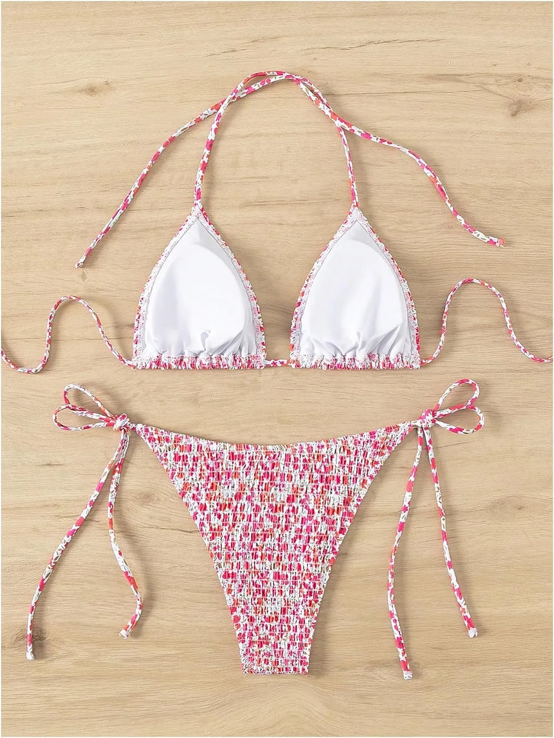 Women's 2 Piece Floral Bikini Sets Smocked Halter Triangle Bikini Drawstring Tie Side Sexy Cute Swimsuits