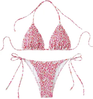 Women's 2 Piece Floral Bikini Sets Smocked Halter Triangle Bikini Drawstring Tie Side Sexy Cute Swimsuits