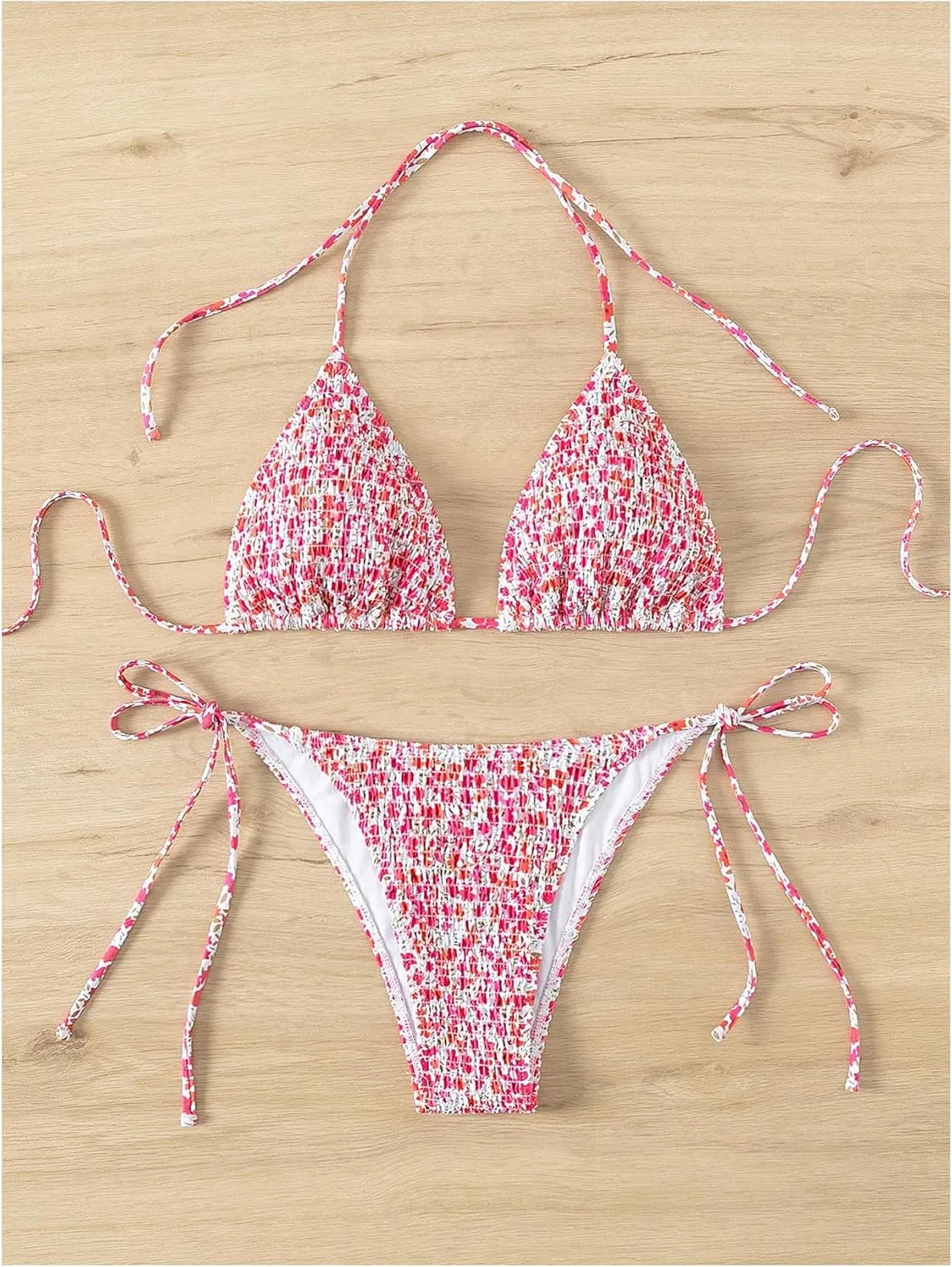 Women's 2 Piece Floral Bikini Sets Smocked Halter Triangle Bikini Drawstring Tie Side Sexy Cute Swimsuits