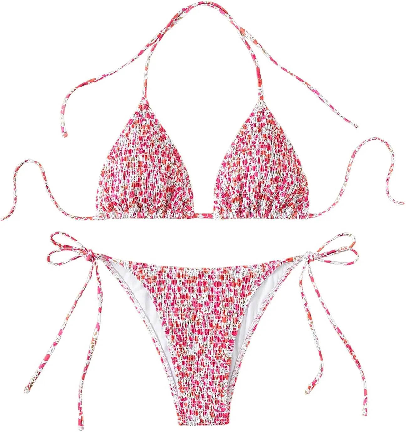 Women's 2 Piece Floral Bikini Sets Smocked Halter Triangle Bikini Drawstring Tie Side Sexy Cute Swimsuits