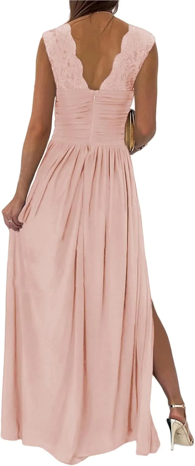 Womens 2025 Formal Dresses Sexy Bridesmaid Wedding Guest Maxi Dress Wrap V-Neck Ruched Long Flowy Split Dressess