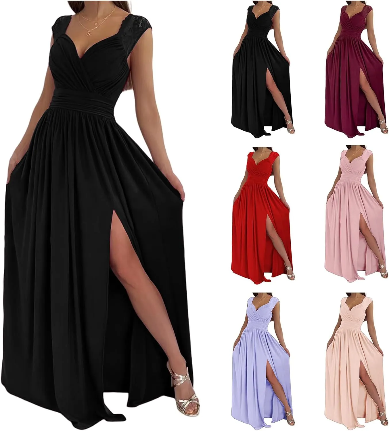 Womens 2025 Formal Dresses Sexy Bridesmaid Wedding Guest Maxi Dress Wrap V-Neck Ruched Long Flowy Split Dressess