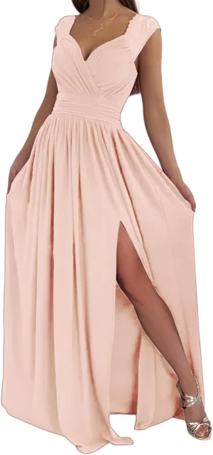 Womens 2025 Formal Dresses Sexy Bridesmaid Wedding Guest Maxi Dress Wrap V-Neck Ruched Long Flowy Split Dressess