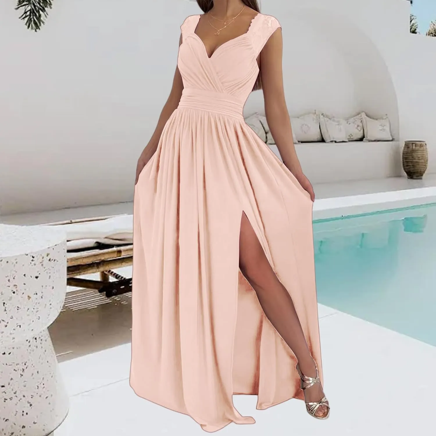 Womens 2025 Formal Dresses Sexy Bridesmaid Wedding Guest Maxi Dress Wrap V-Neck Ruched Long Flowy Split Dressess