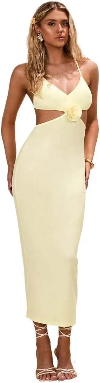 Women's 2025 Summer Plain Cami Slip Midi Dress Sexy Backless Elastic Dress