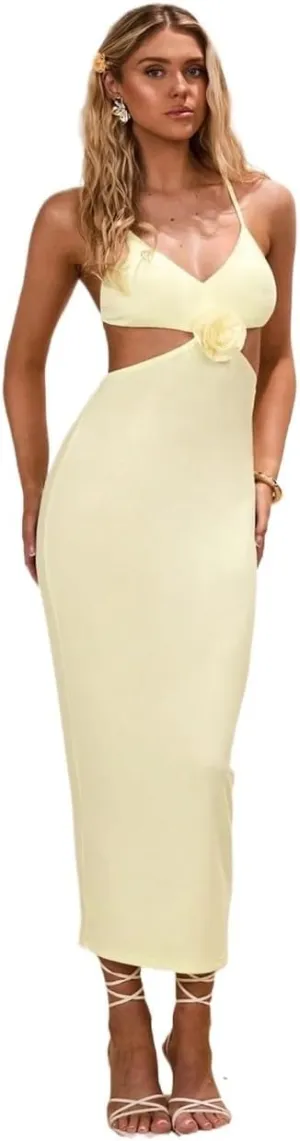 Women's 2025 Summer Plain Cami Slip Midi Dress Sexy Backless Elastic Dress