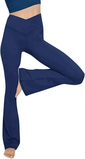 Women's Casual Comfy Bootleg Yoga Dress Pants V Crossover High Waist Flare Workout Pants Slim Stretch Solid Bootcut Leggings
