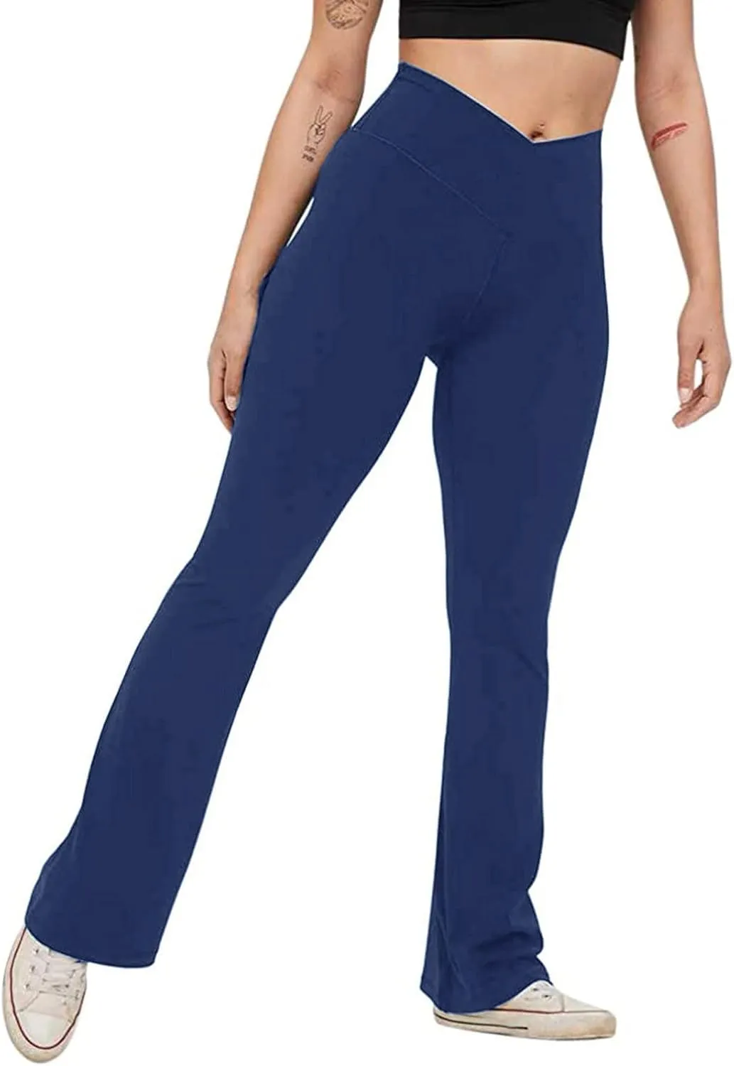 Women's Casual Comfy Bootleg Yoga Dress Pants V Crossover High Waist Flare Workout Pants Slim Stretch Solid Bootcut Leggings