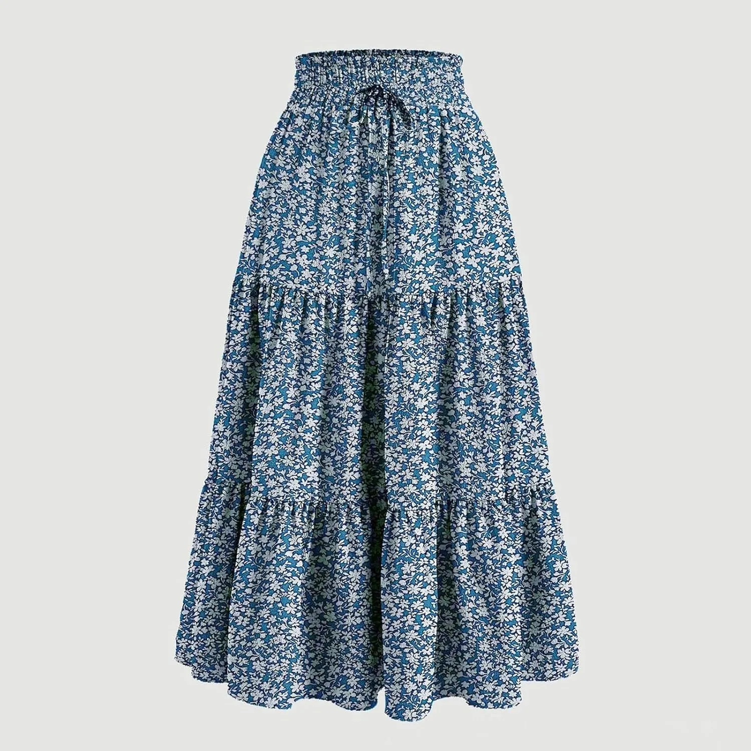 Womens Flowy Maxi Skirt Vintage Floral Print Drawstring High Waist Elastic A Line Boho Beach Holiday Long Skirts