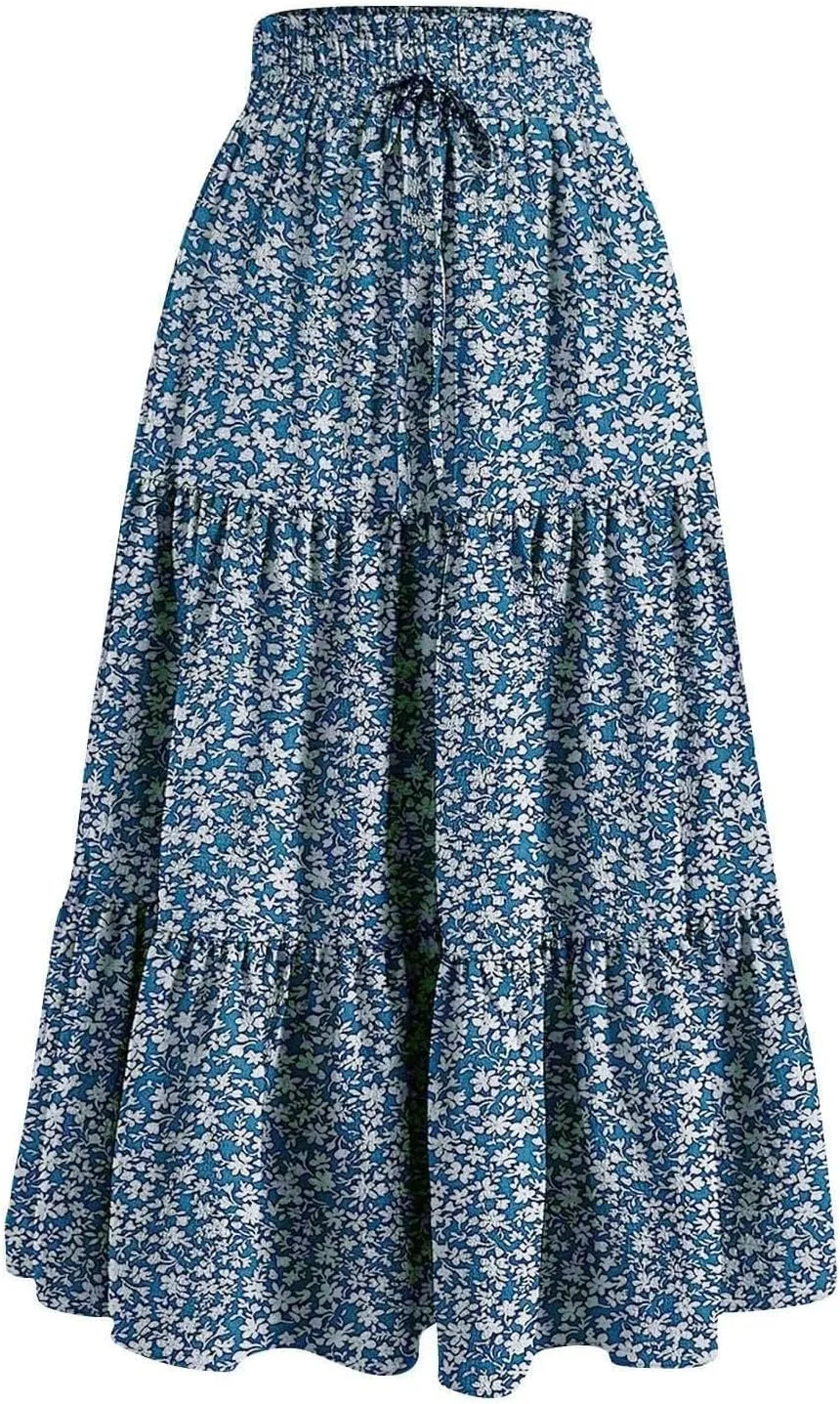 Womens Flowy Maxi Skirt Vintage Floral Print Drawstring High Waist Elastic A Line Boho Beach Holiday Long Skirts