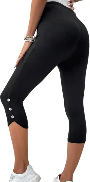Women's High Waist Black Plain Side Button Trim Capri Leggings 2025 Spring Summer Stylish Causal Yoga Pants