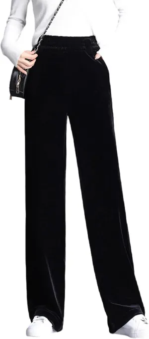Women's High Waist Velvet Wide Leg Pants, Soft Stretch Trousers with Pockets, Black