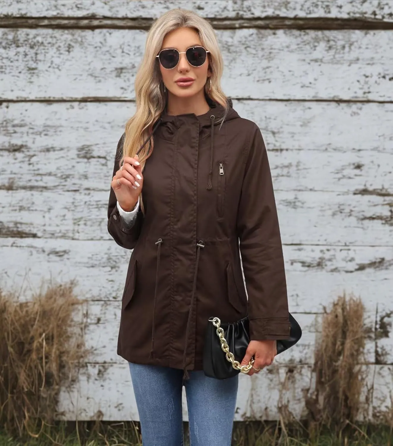 Women's Ligtweight Jackets Anorak Utility Drawstring Waist Hoodie Zip Up Fall Casual Coat with Pockets
