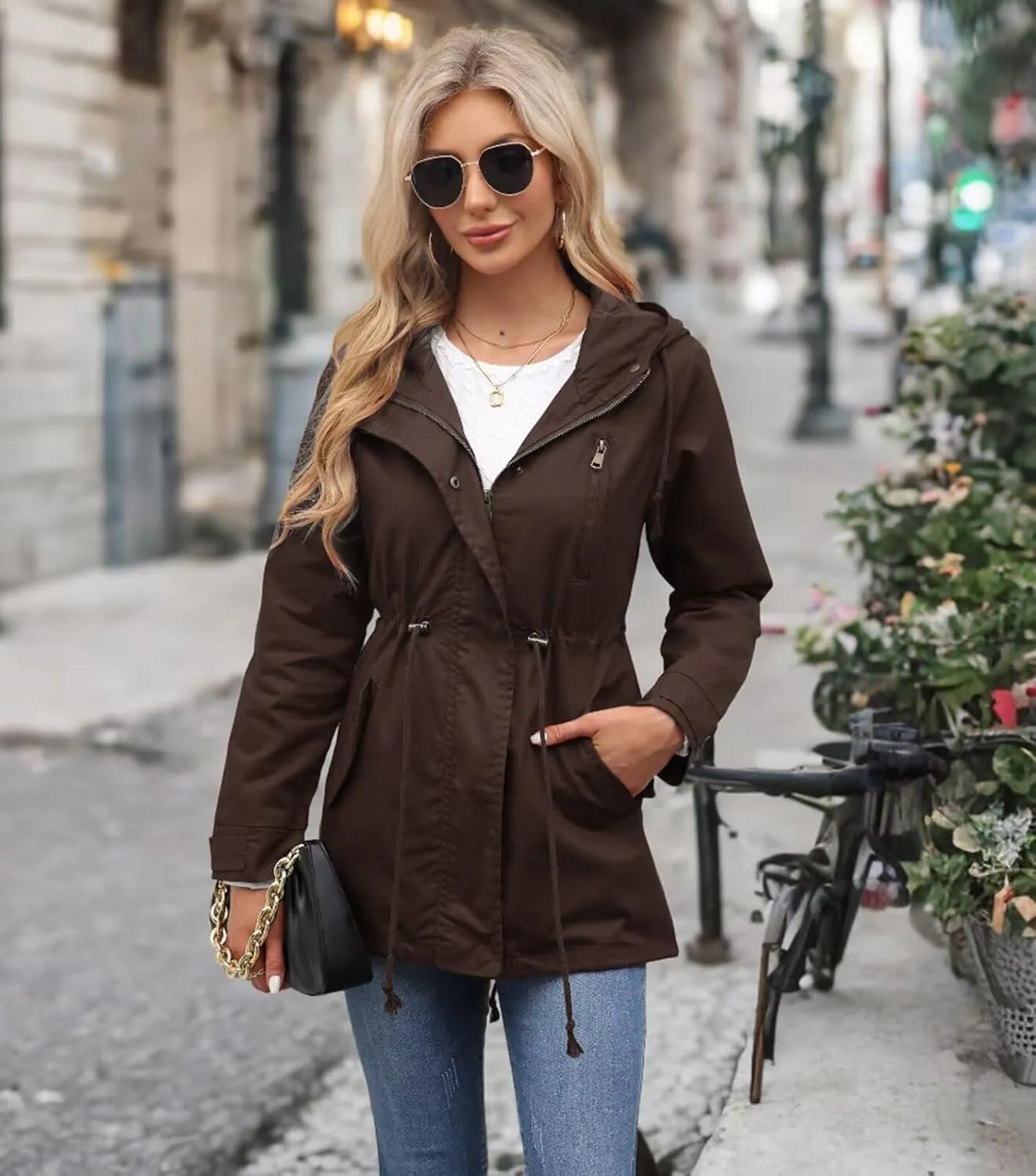 Women's Ligtweight Jackets Anorak Utility Drawstring Waist Hoodie Zip Up Fall Casual Coat with Pockets