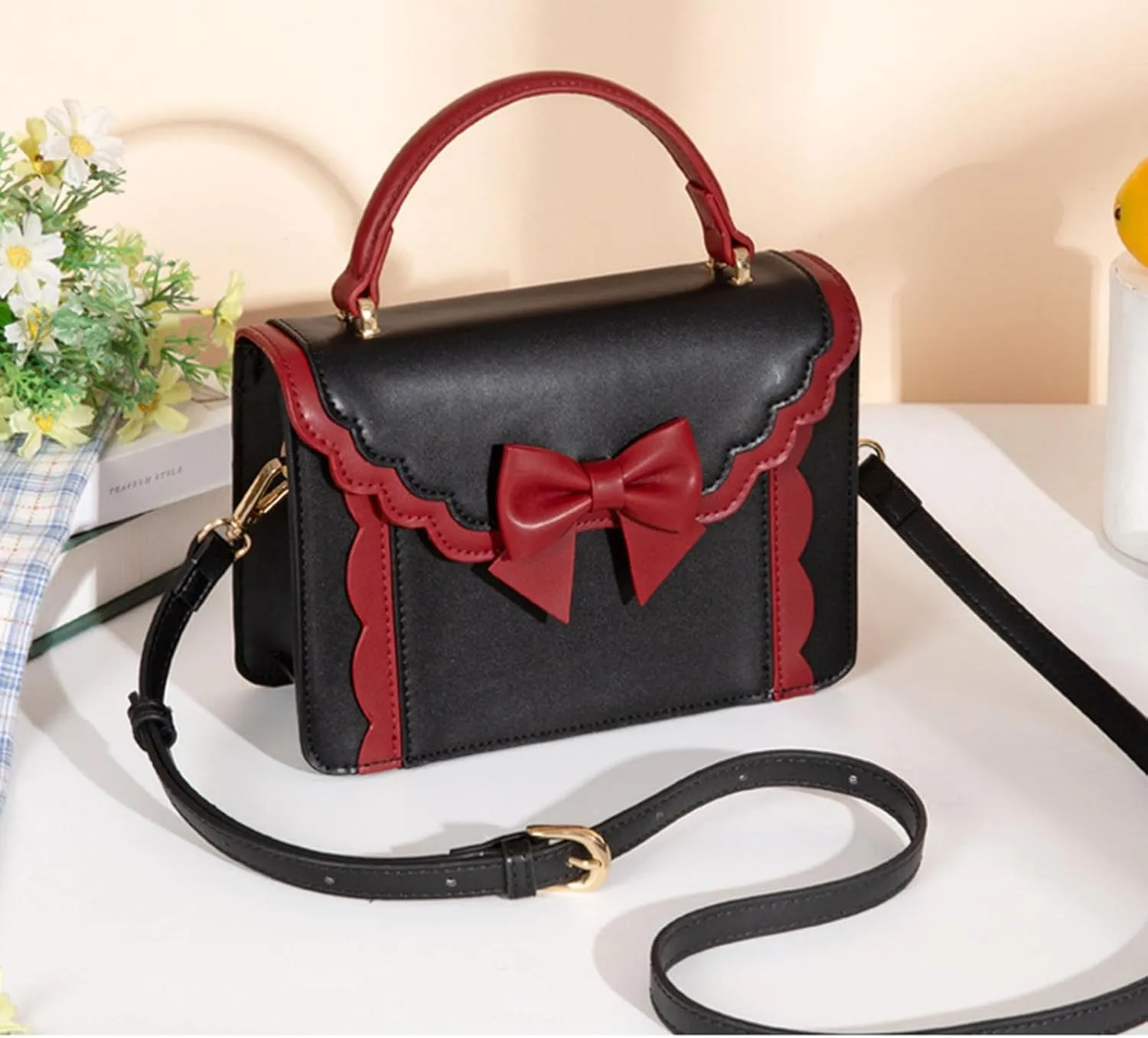 Women's Lolita Messenger Bag Sweet Bowknot Fashion PU Leather Satchel Handbag Anime Crossbody Shoulder Bag