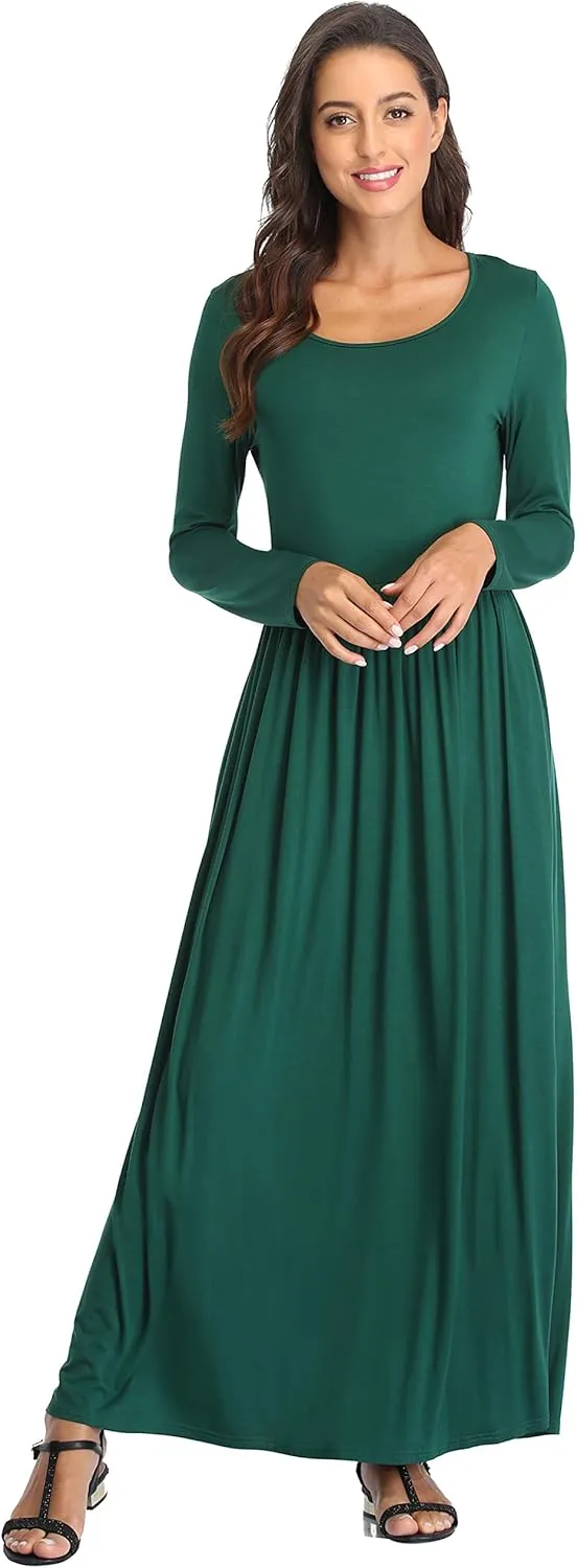 Women's Long Sleeves Maxi Dress Plain Empire Waist Casual Dress Loose Fall/Winter Dresses with Pockets