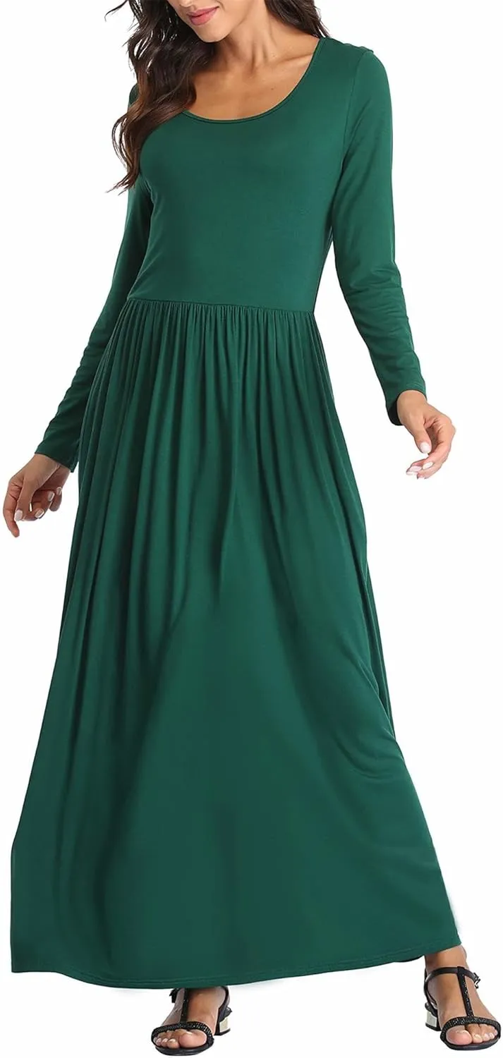 Women's Long Sleeves Maxi Dress Plain Empire Waist Casual Dress Loose Fall/Winter Dresses with Pockets