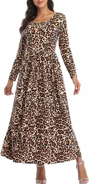 Women's Long Sleeves Maxi Dress Plain Empire Waist Casual Dress Loose Fall/Winter Dresses with Pockets