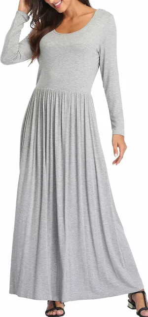 Women's Long Sleeves Maxi Dress Plain Empire Waist Casual Dress Loose Fall/Winter Dresses with Pockets
