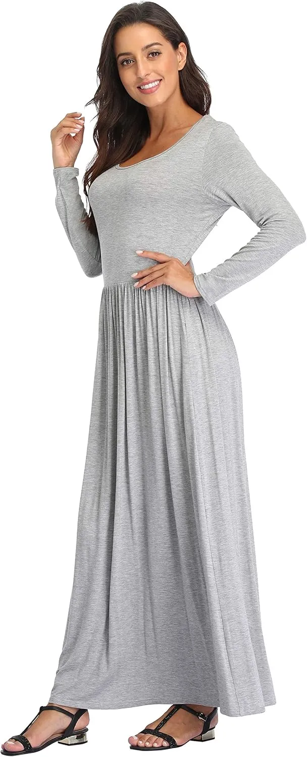 Women's Long Sleeves Maxi Dress Plain Empire Waist Casual Dress Loose Fall/Winter Dresses with Pockets