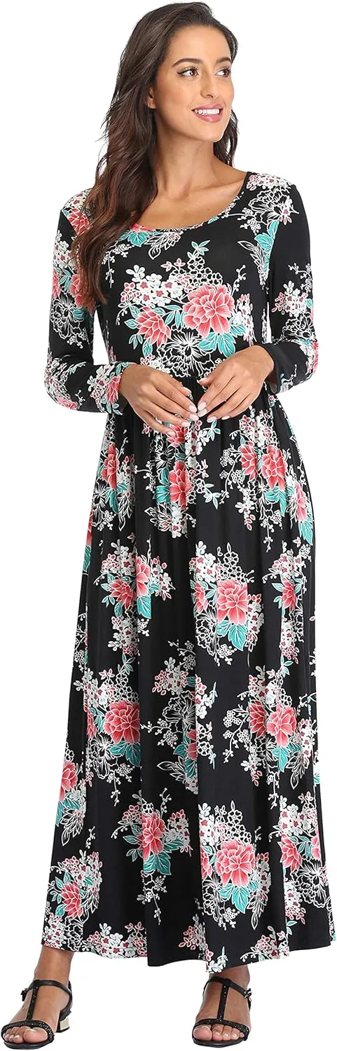 Women's Long Sleeves Maxi Dress Plain Empire Waist Casual Dress Loose Fall/Winter Dresses with Pockets