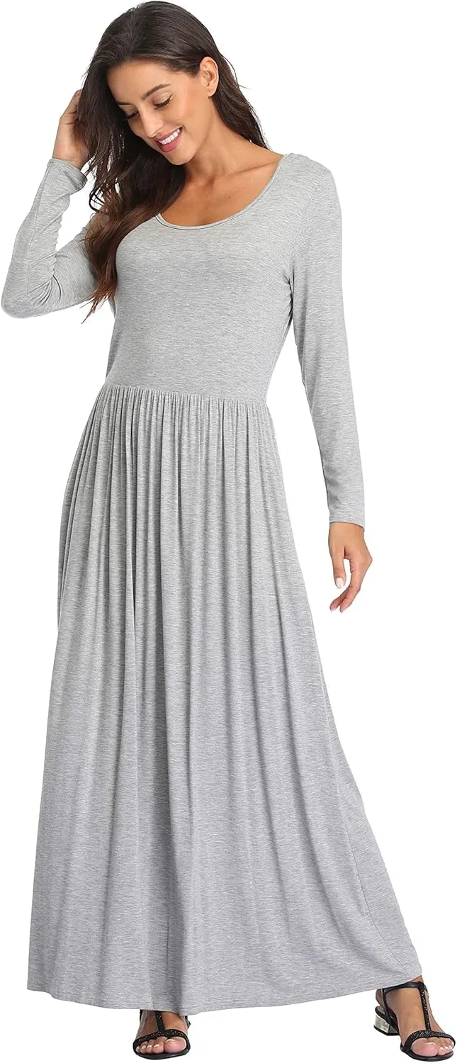 Women's Long Sleeves Maxi Dress Plain Empire Waist Casual Dress Loose Fall/Winter Dresses with Pockets