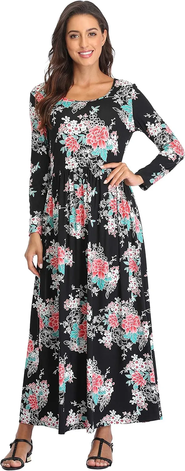 Women's Long Sleeves Maxi Dress Plain Empire Waist Casual Dress Loose Fall/Winter Dresses with Pockets