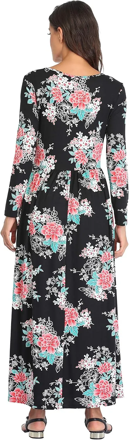 Women's Long Sleeves Maxi Dress Plain Empire Waist Casual Dress Loose Fall/Winter Dresses with Pockets
