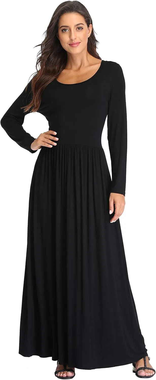 Women's Long Sleeves Maxi Dress Plain Empire Waist Casual Dress Loose Fall/Winter Dresses with Pockets