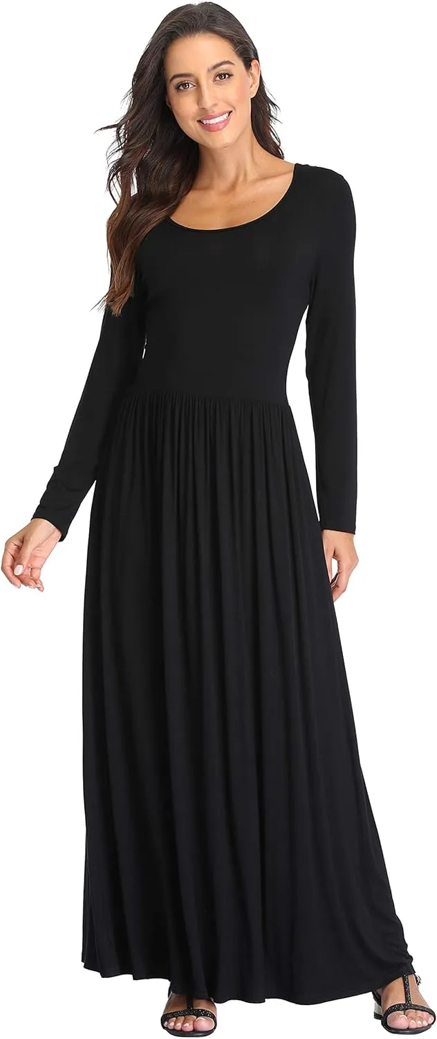 Women's Long Sleeves Maxi Dress Plain Empire Waist Casual Dress Loose Fall/Winter Dresses with Pockets