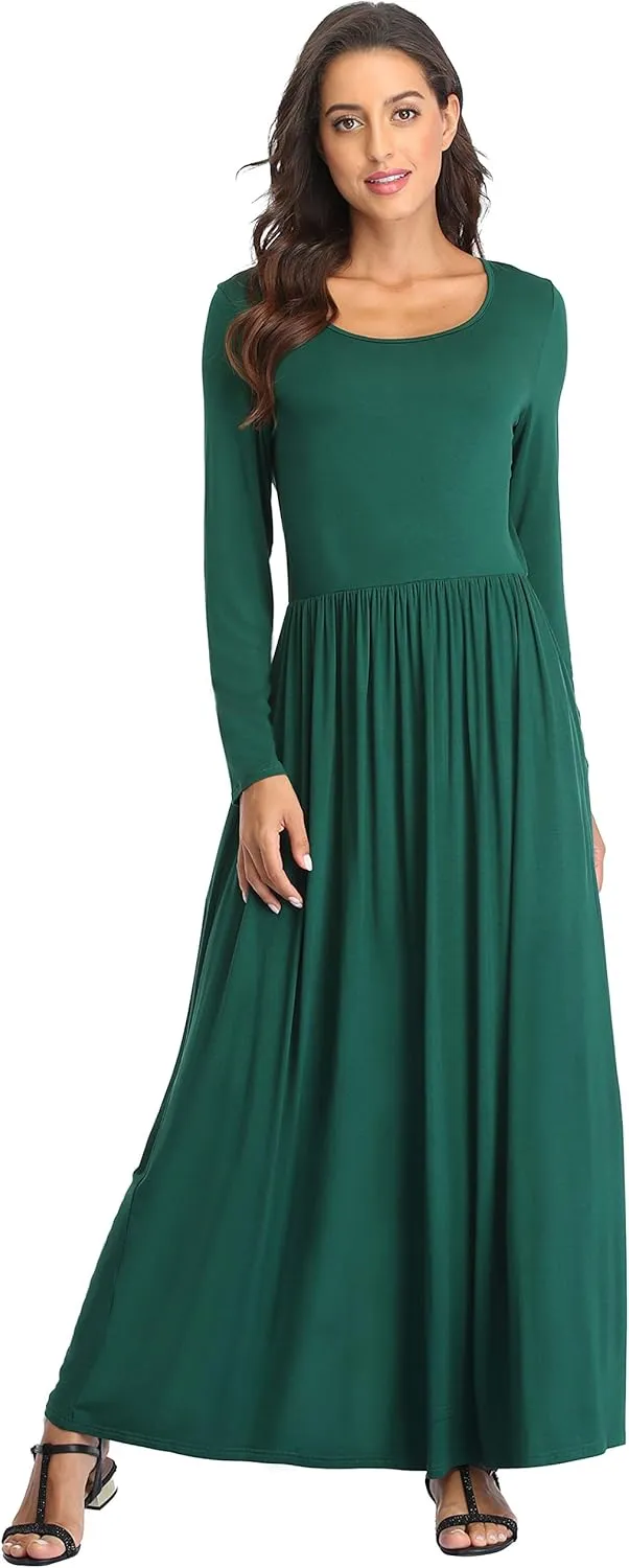 Women's Long Sleeves Maxi Dress Plain Empire Waist Casual Dress Loose Fall/Winter Dresses with Pockets