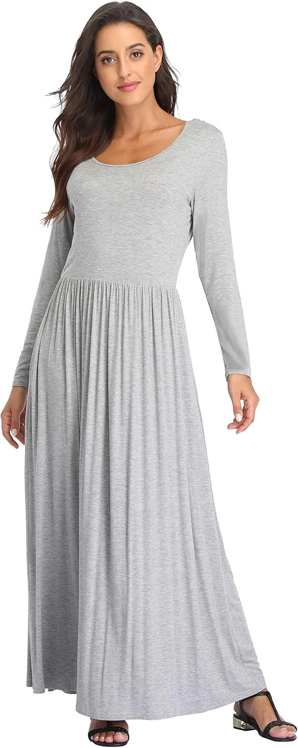 Women's Long Sleeves Maxi Dress Plain Empire Waist Casual Dress Loose Fall/Winter Dresses with Pockets