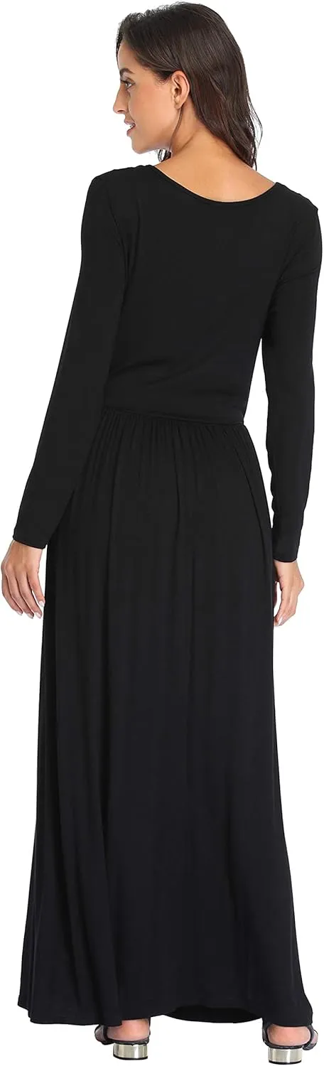 Women's Long Sleeves Maxi Dress Plain Empire Waist Casual Dress Loose Fall/Winter Dresses with Pockets