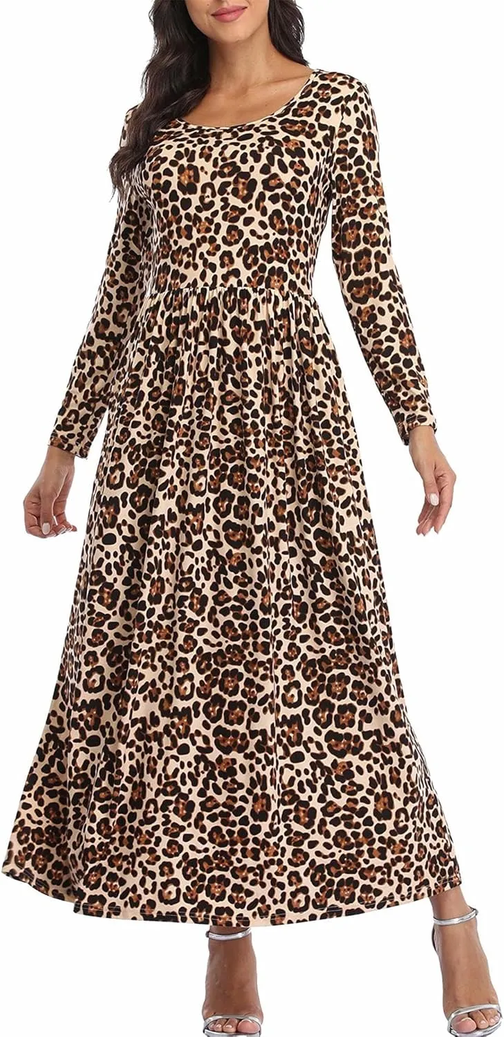 Women's Long Sleeves Maxi Dress Plain Empire Waist Casual Dress Loose Fall/Winter Dresses with Pockets
