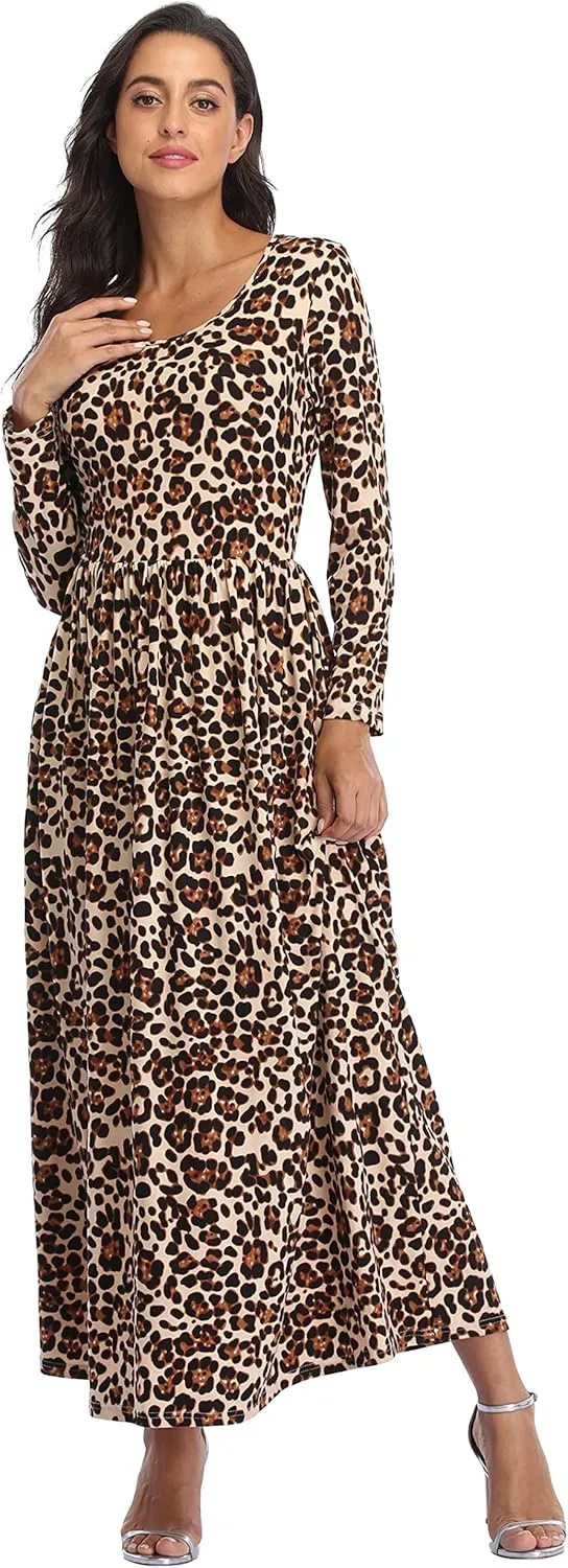 Women's Long Sleeves Maxi Dress Plain Empire Waist Casual Dress Loose Fall/Winter Dresses with Pockets