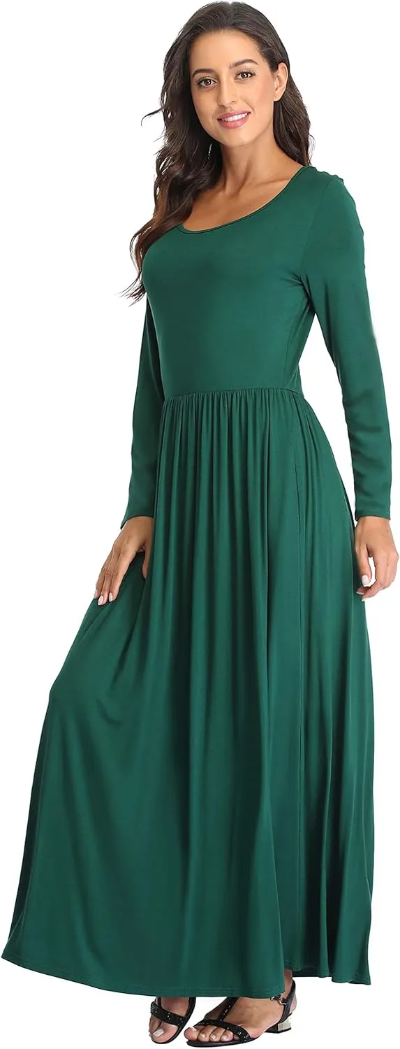 Women's Long Sleeves Maxi Dress Plain Empire Waist Casual Dress Loose Fall/Winter Dresses with Pockets