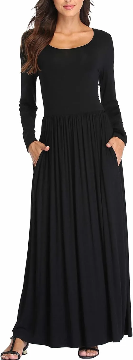Women's Long Sleeves Maxi Dress Plain Empire Waist Casual Dress Loose Fall/Winter Dresses with Pockets