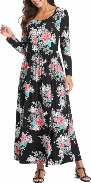Women's Long Sleeves Maxi Dress Plain Empire Waist Casual Dress Loose Fall/Winter Dresses with Pockets