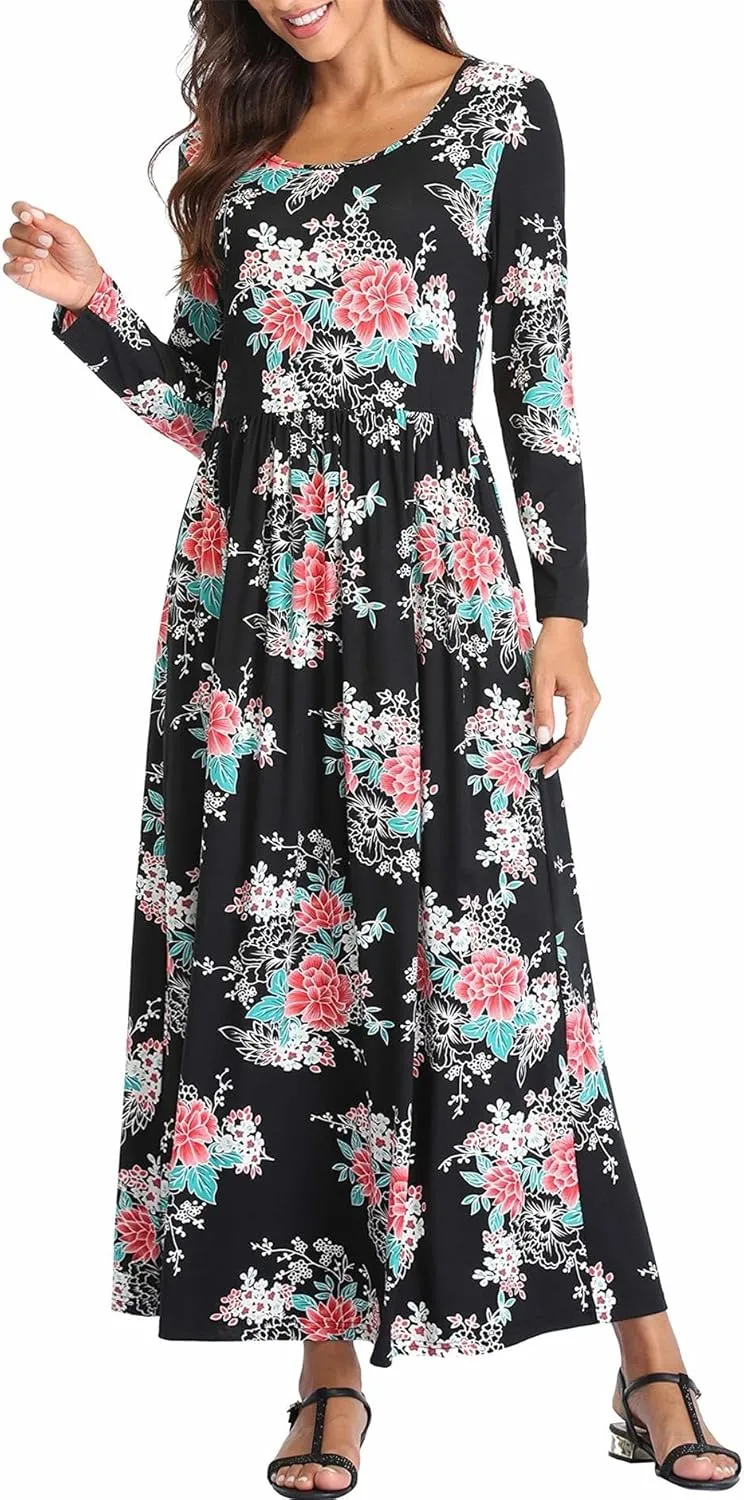 Women's Long Sleeves Maxi Dress Plain Empire Waist Casual Dress Loose Fall/Winter Dresses with Pockets