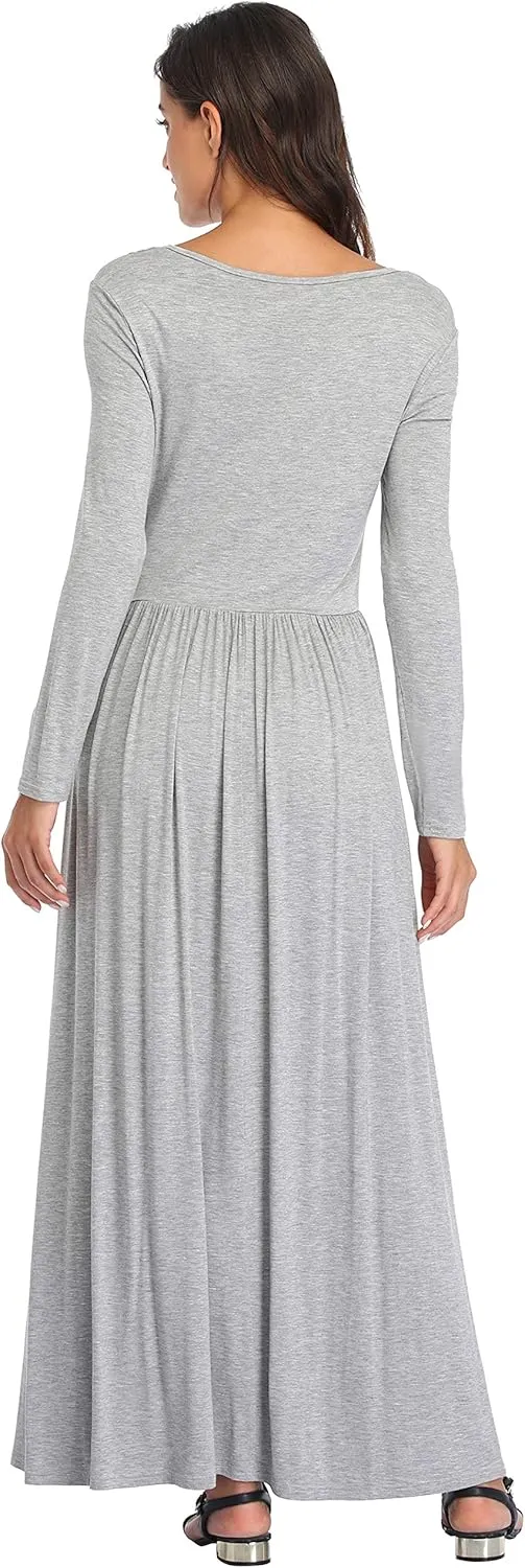 Women's Long Sleeves Maxi Dress Plain Empire Waist Casual Dress Loose Fall/Winter Dresses with Pockets