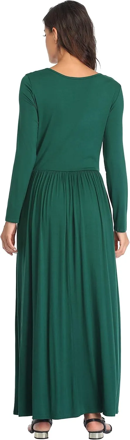 Women's Long Sleeves Maxi Dress Plain Empire Waist Casual Dress Loose Fall/Winter Dresses with Pockets