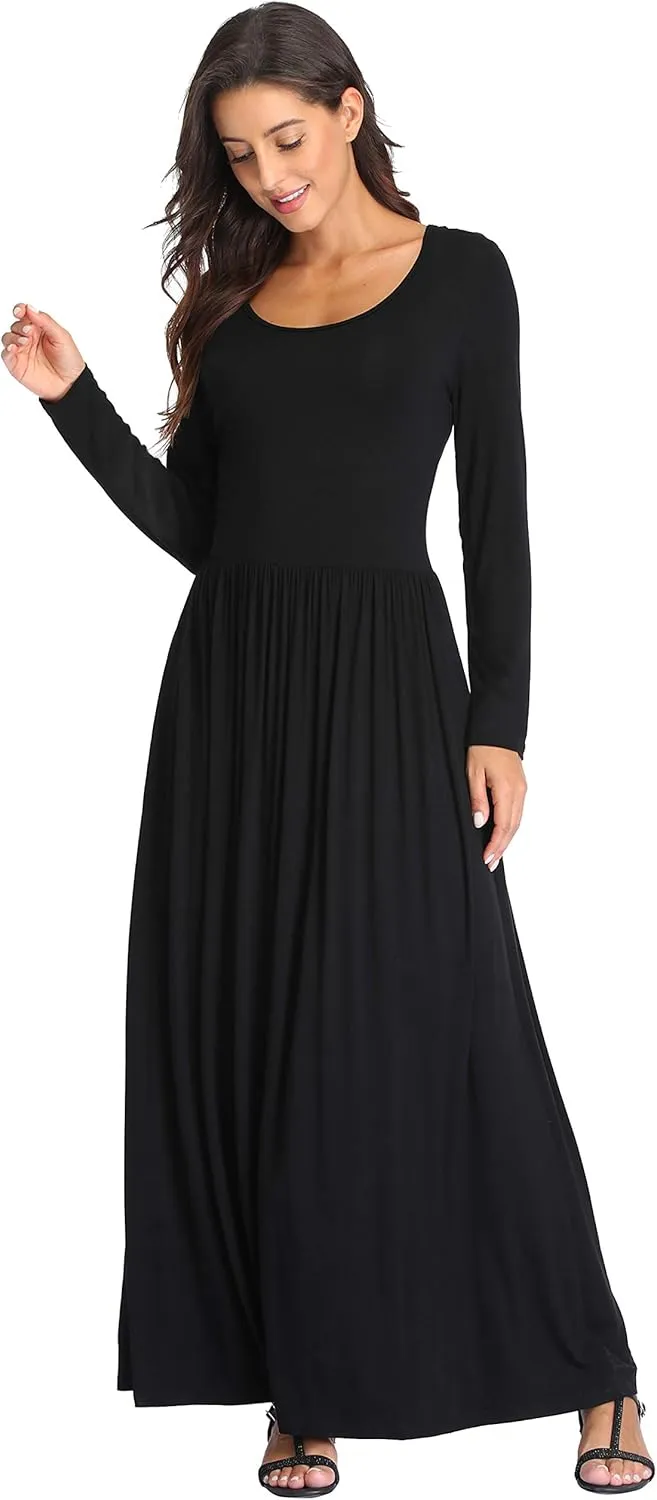 Women's Long Sleeves Maxi Dress Plain Empire Waist Casual Dress Loose Fall/Winter Dresses with Pockets