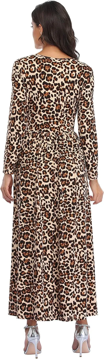 Women's Long Sleeves Maxi Dress Plain Empire Waist Casual Dress Loose Fall/Winter Dresses with Pockets
