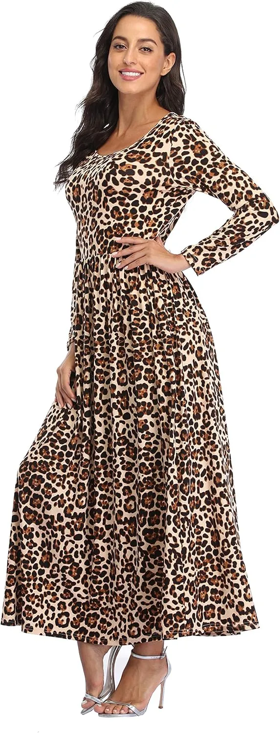 Women's Long Sleeves Maxi Dress Plain Empire Waist Casual Dress Loose Fall/Winter Dresses with Pockets