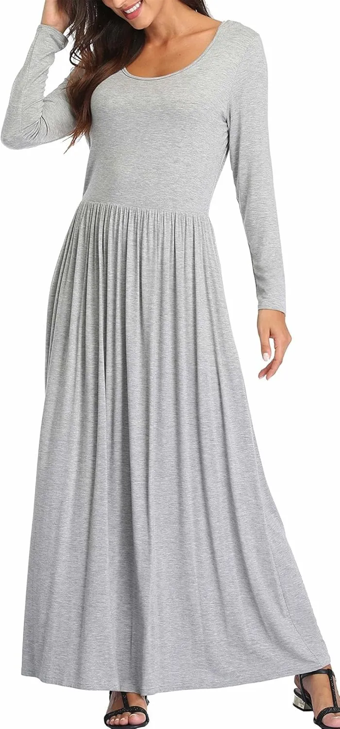 Women's Long Sleeves Maxi Dress Plain Empire Waist Casual Dress Loose Fall/Winter Dresses with Pockets