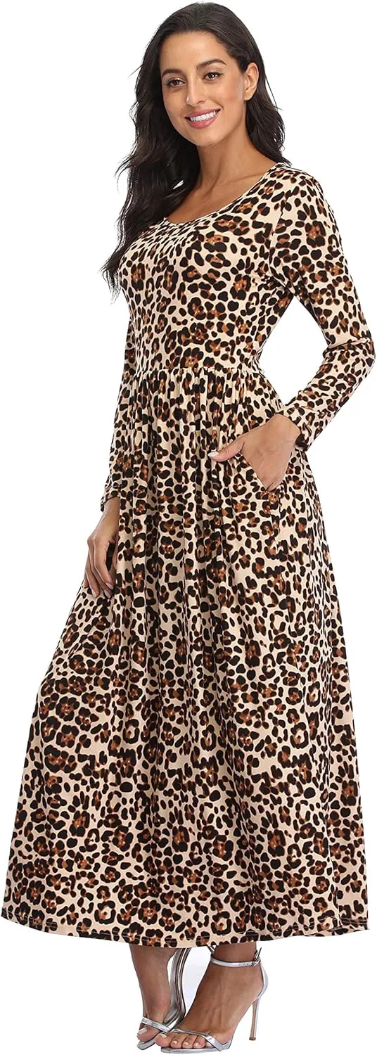 Women's Long Sleeves Maxi Dress Plain Empire Waist Casual Dress Loose Fall/Winter Dresses with Pockets