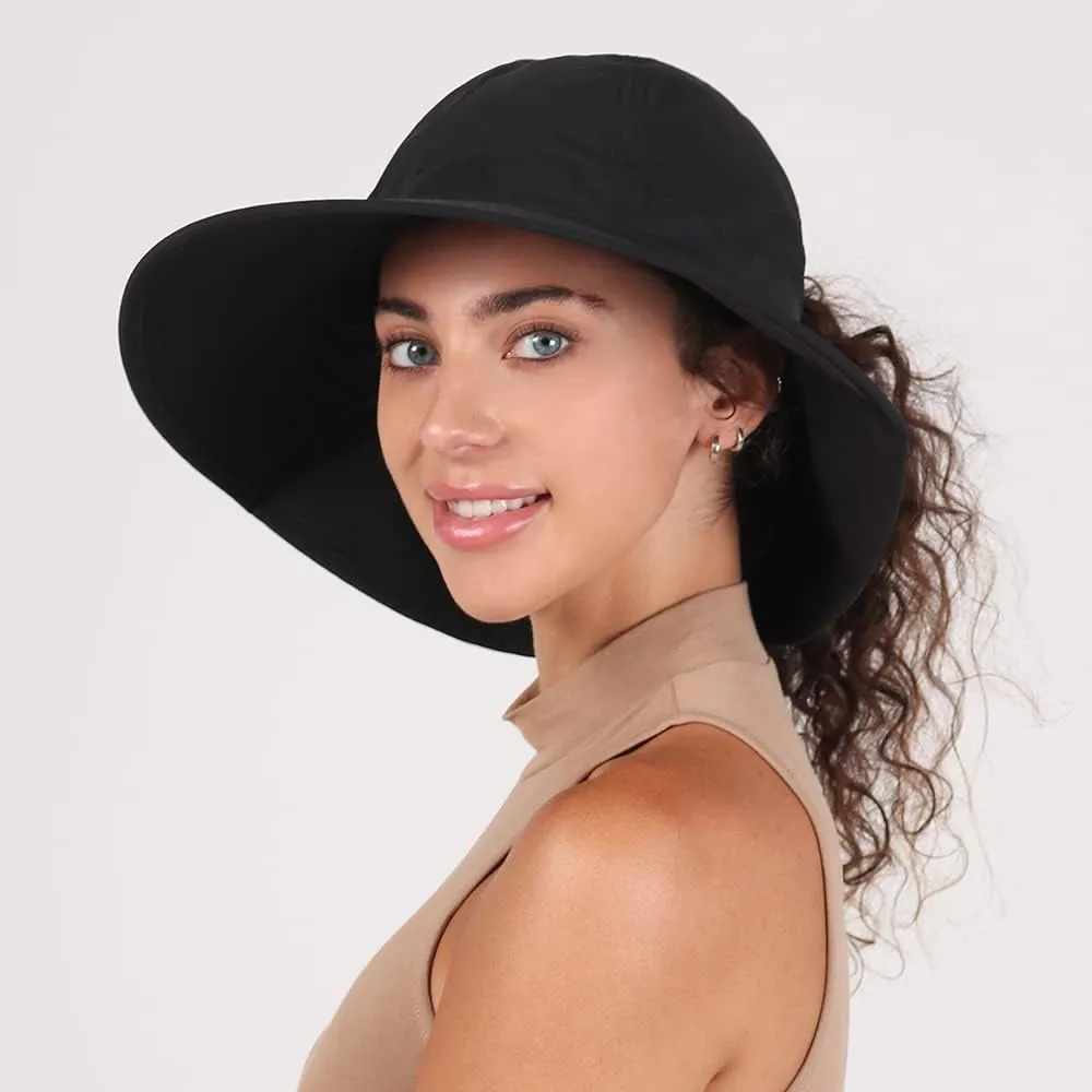 Womens Outdoor Ponytail Drawstring Bucket Hat with Full Back Opening